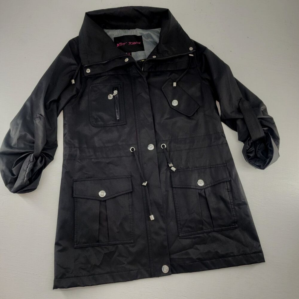Betsey Johnson Small | Black Rain Coat Light Jacket‎ Trench Chic Elevated Basics